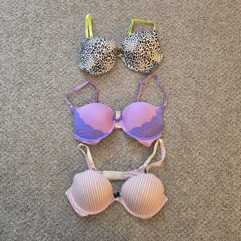 Victoria's Secret Push Up Bra 34C Leopard Lace Stripe Purple Pink Lot of‎ 3pc